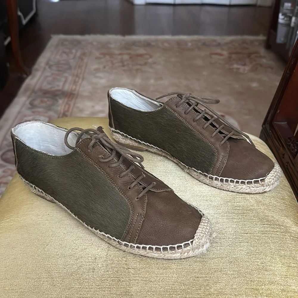 Anthropologie KMB Jorinda Espadrille Sneakers Leather Calf Hair Olive Brown Sz 9